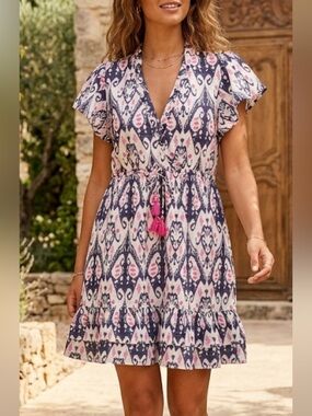 LA PLAGE Dress Tassel Tie Neck Tiered Sundress Cover Up  Boho Cotton Blue Pink